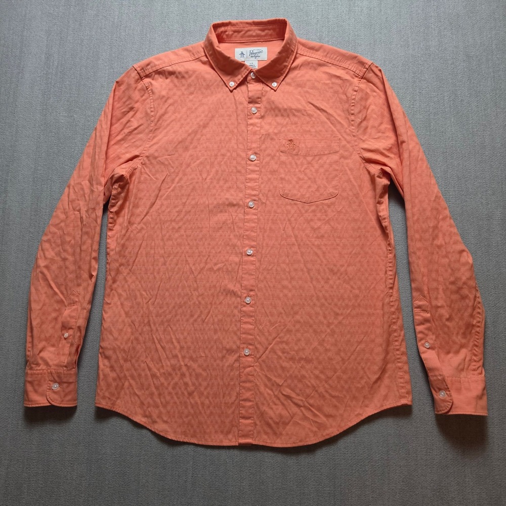 Original Penguin Button Down Shirt Mens L Orange Long Sleeve Logo
